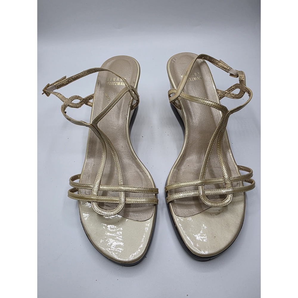 Stuart Weitzman strappy wedge sandals a delicate T-strap design adjustable Sz8.5